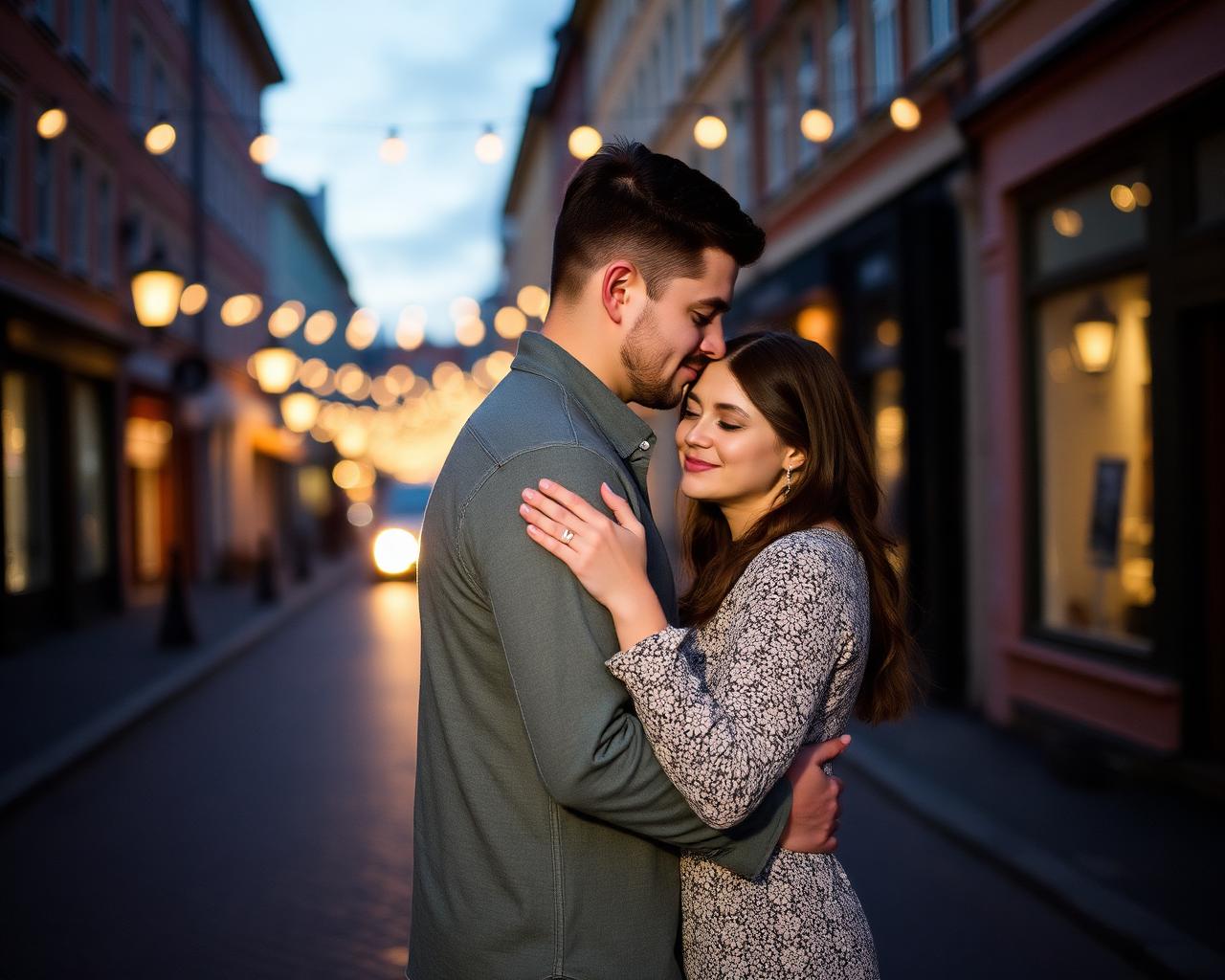 Engagement photographer Helsinki — couple on cobblestone street at dusk