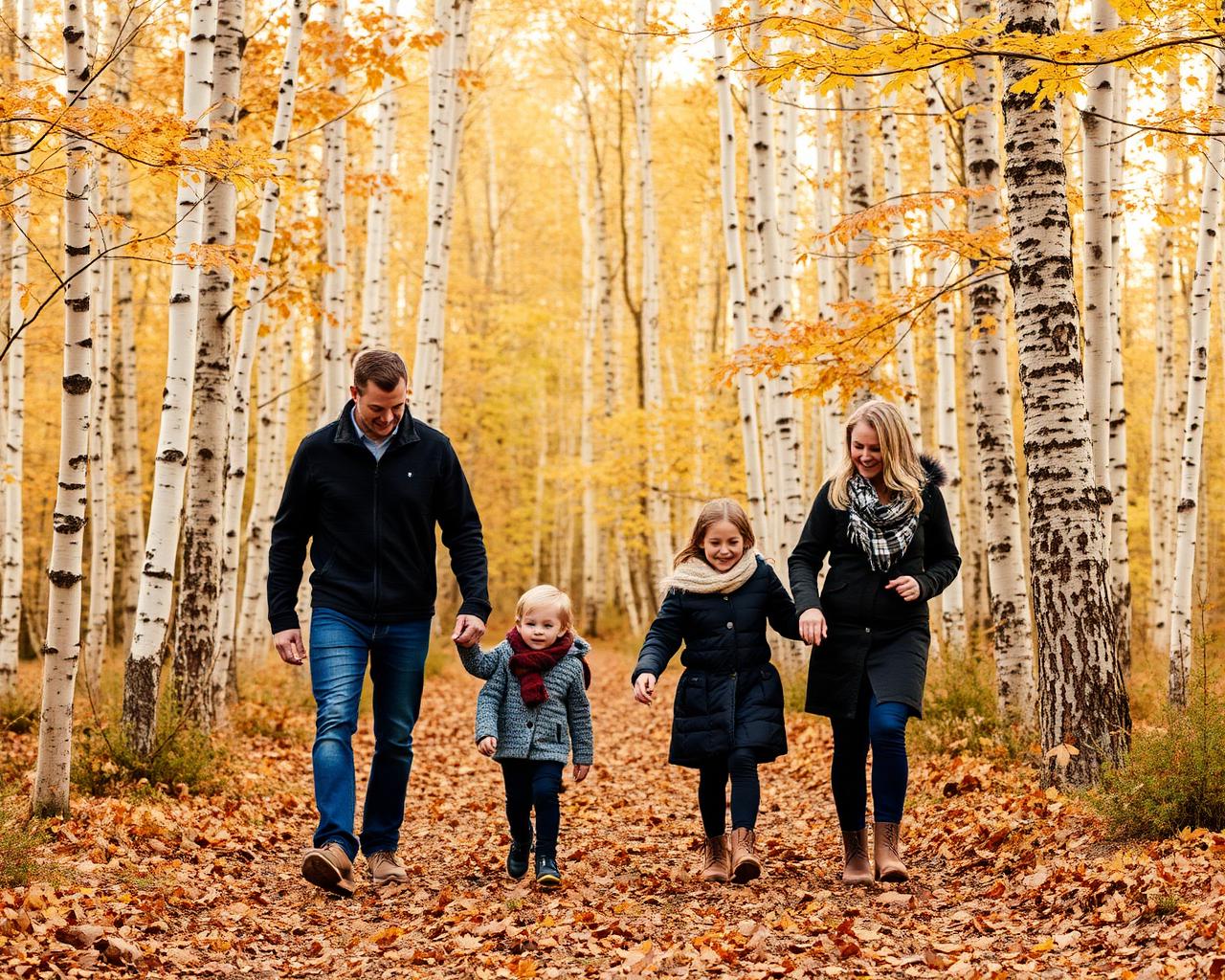 Family photoshoot in autumn birch forest near Helsinki