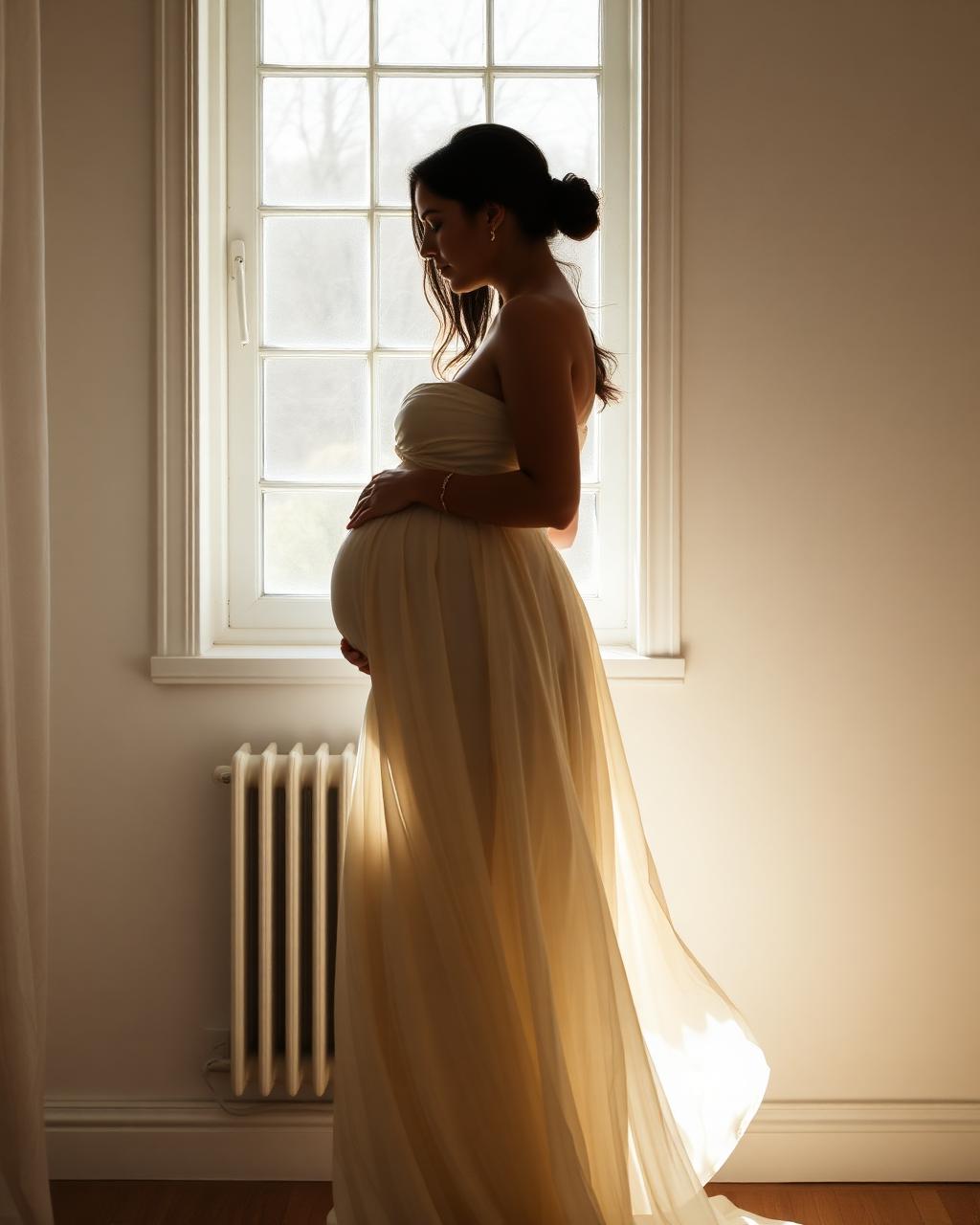 Maternity photoshoot Helsinki — window-light silhouette