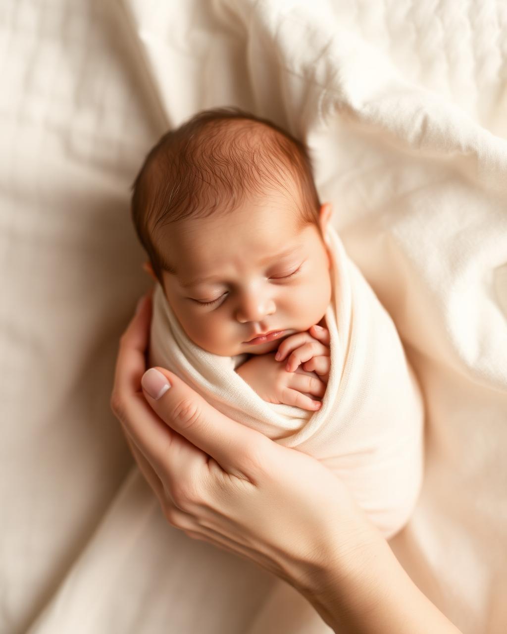 Newborn photoshoot Helsinki — baby wrapped in cream linen