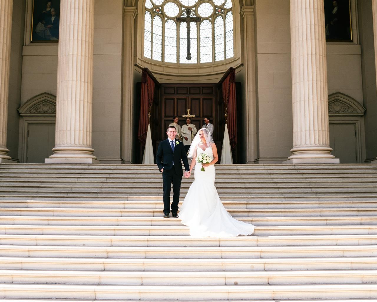 Wedding photographer Helsinki — bride and groom on cathedral steps